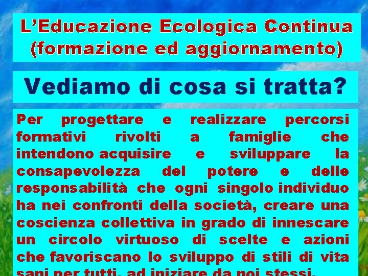 L’Educazione Ecologica Continua (formazione ed aggiornamento) Vediamo di cosa si tratta? Per progettare e