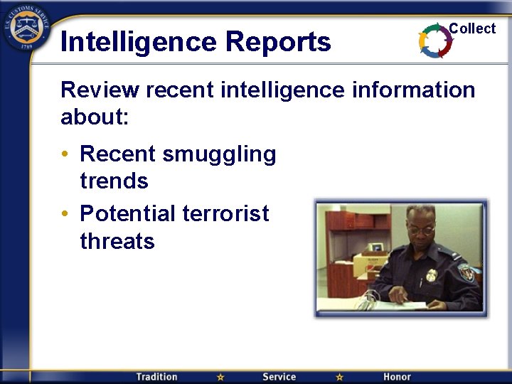 Intelligence Reports Collect Review recent intelligence information about: • Recent smuggling trends • Potential