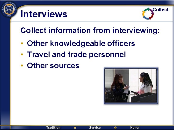 Interviews Collect information from interviewing: • Other knowledgeable officers • Travel and trade personnel