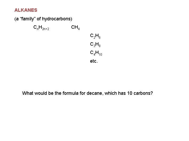 ALKANES (a “family” of hydrocarbons) Cn. H 2 n+2 CH 4 C 2 H