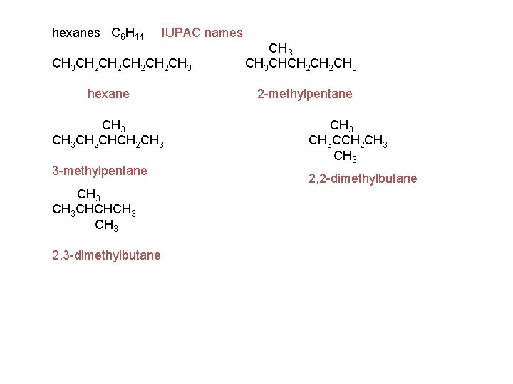 hexanes C 6 H 14 IUPAC names CH 3 CH 2 CH 2 CH