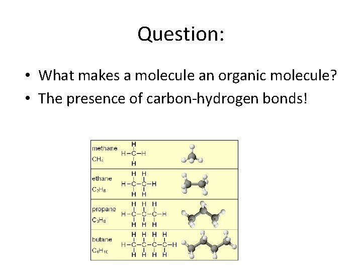 Question: • What makes a molecule an organic molecule? • The presence of carbon-hydrogen