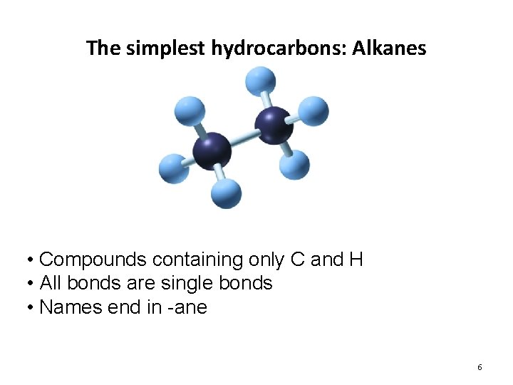 The simplest hydrocarbons: Alkanes • Compounds containing only C and H • All bonds