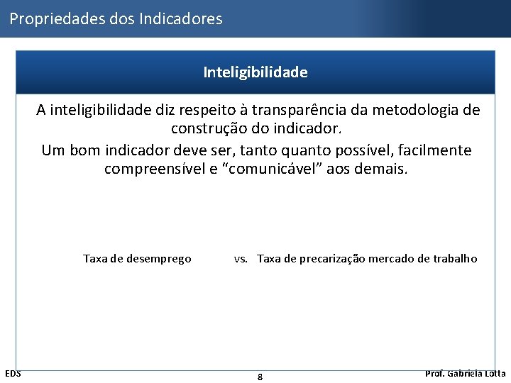 Propriedades dos Indicadores Inteligibilidade A inteligibilidade diz respeito à transparência da metodologia de construção