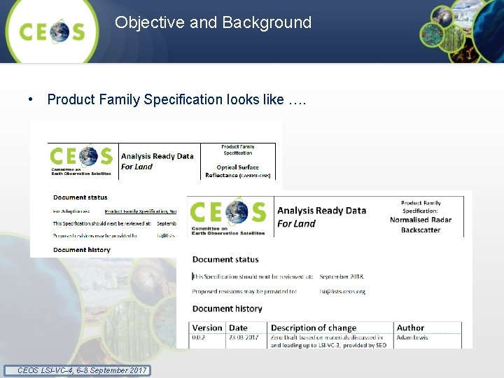 Objective and Background • Product Family Specification looks like …. CEOS LSI-VC-4, 6 -8