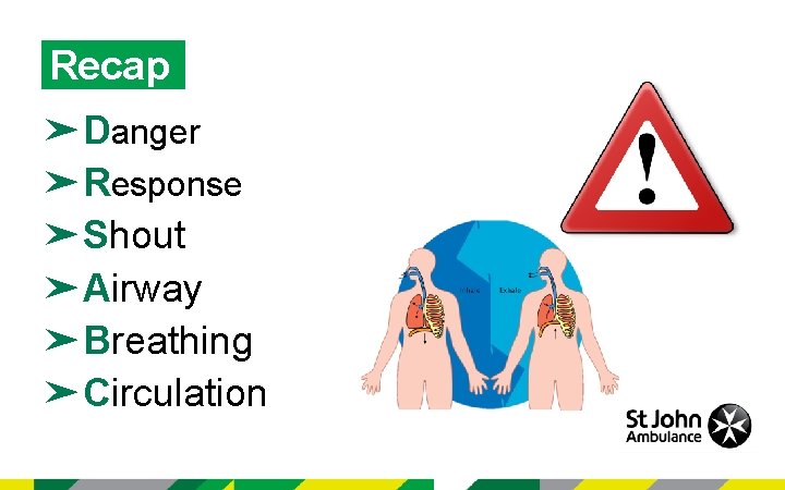 Recap ➤Danger ➤Response ➤Shout ➤Airway ➤Breathing ➤Circulation 