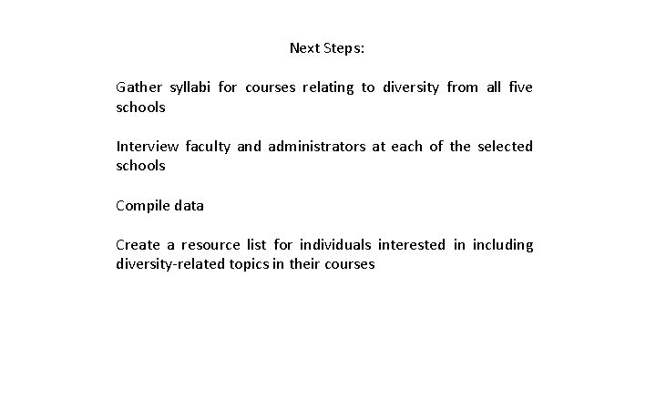 Next Steps: Gather syllabi for courses relating to diversity from all five schools Interview