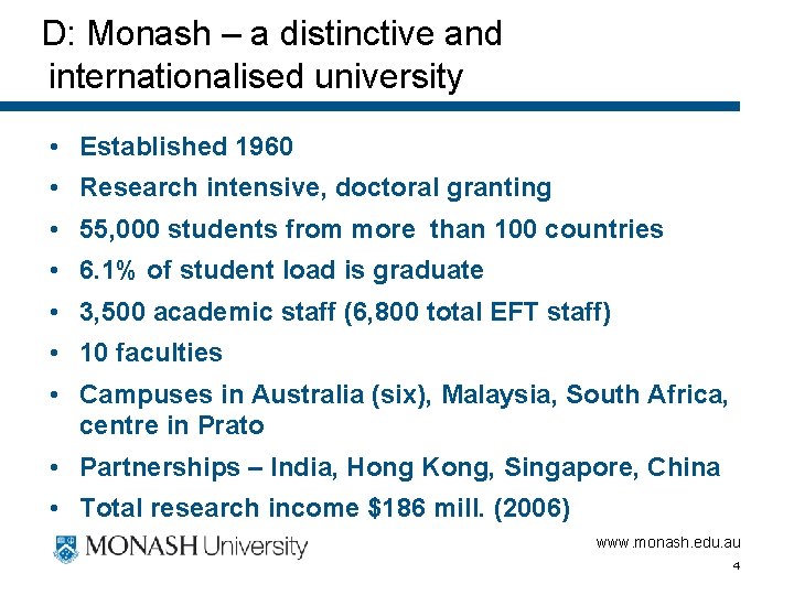 D: Monash – a distinctive and internationalised university • Established 1960 • Research intensive,