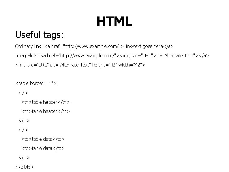 HTML Useful tags: Ordinary link: <a href="http: //www. example. com/">Link-text goes here</a> Image-link: <a