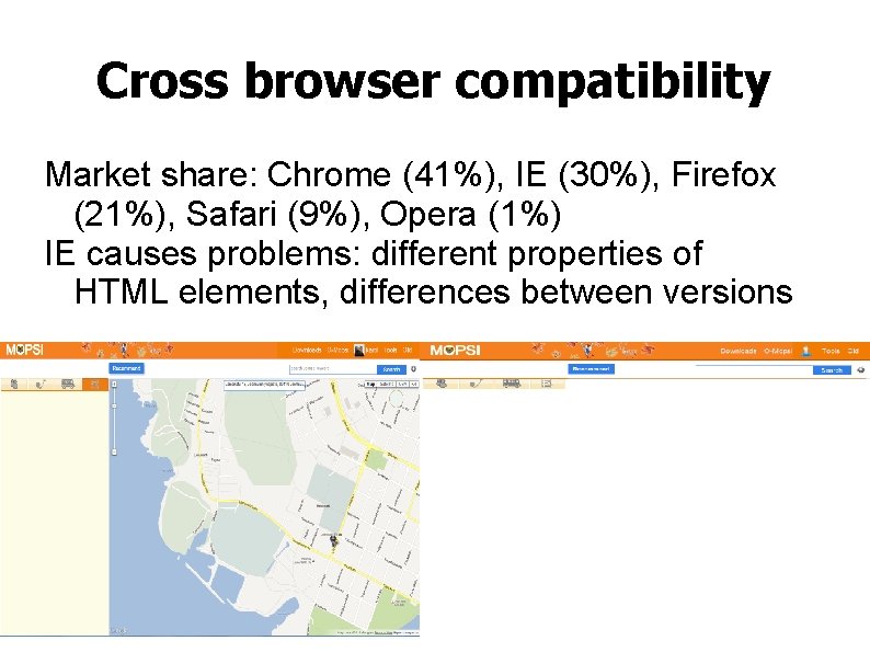 Cross browser compatibility Market share: Chrome (41%), IE (30%), Firefox (21%), Safari (9%), Opera