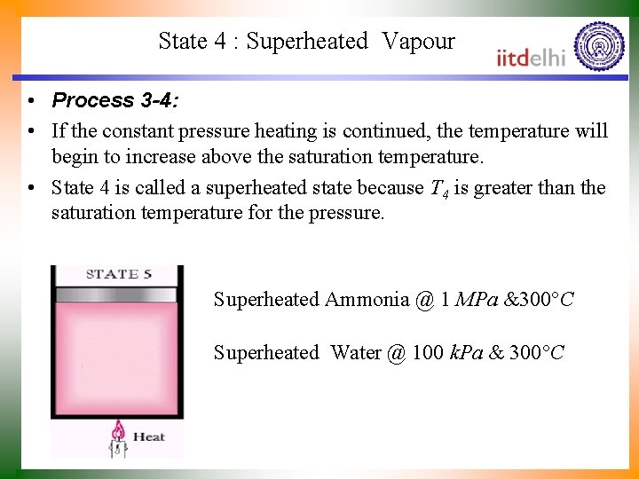 State 4 : Superheated Vapour • Process 3 -4: • If the constant pressure