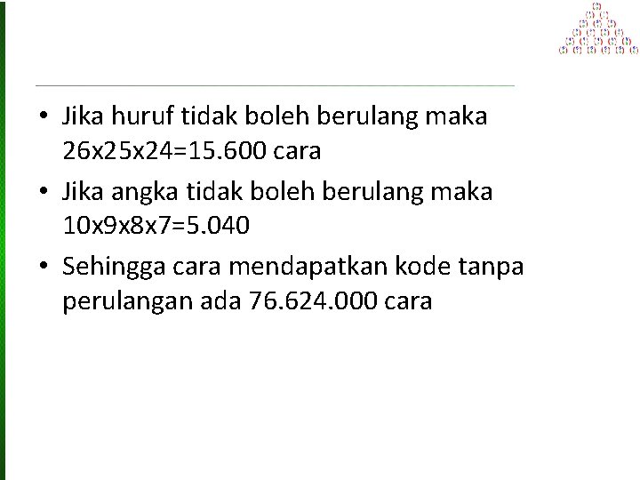  • Jika huruf tidak boleh berulang maka 26 x 25 x 24=15. 600