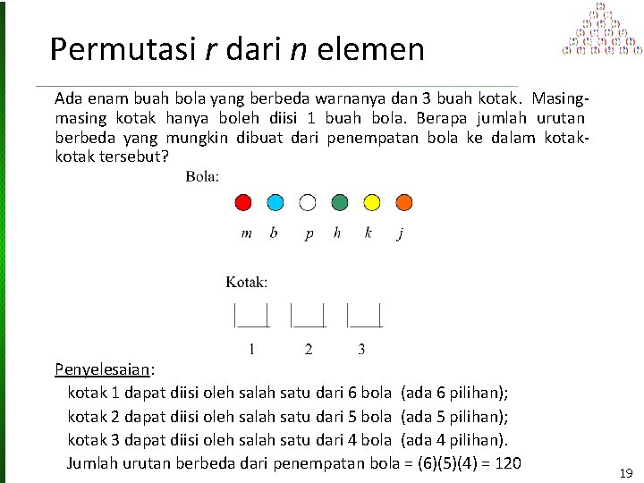 Permutasi r dari n elemen Ada enam buah bola yang berbeda warnanya dan 3