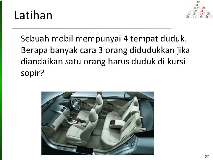 Latihan Sebuah mobil mempunyai 4 tempat duduk. Berapa banyak cara 3 orang didudukkan jika