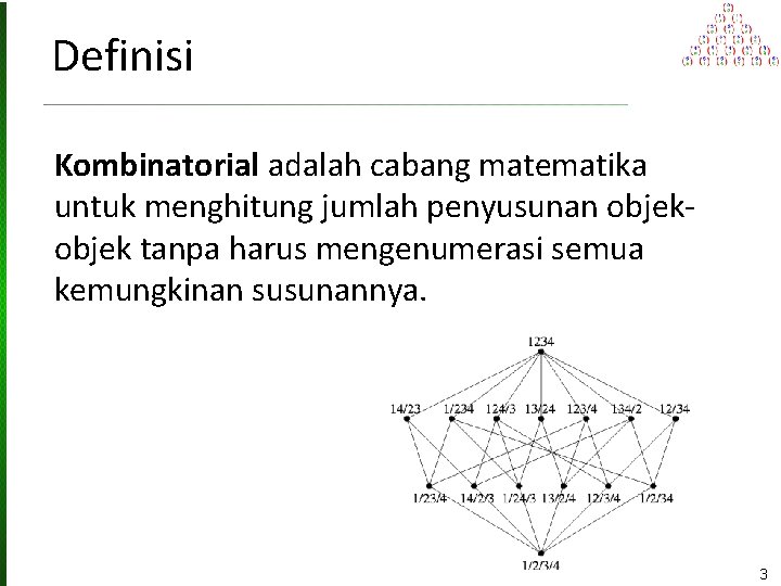 Definisi Kombinatorial adalah cabang matematika untuk menghitung jumlah penyusunan objek tanpa harus mengenumerasi semua