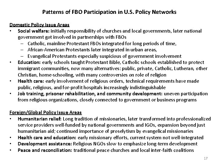 Patterns of FBO Participation in U. S. Policy Networks Domestic Policy Issue Areas •