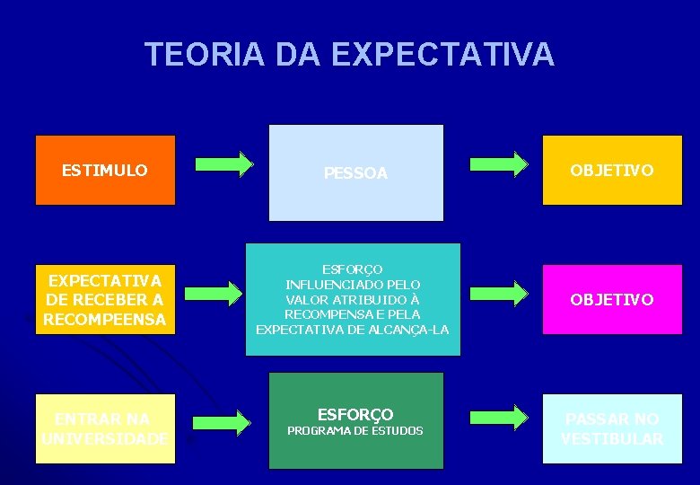 TEORIA DA EXPECTATIVA ESTIMULO PESSOA OBJETIVO EXPECTATIVA DE RECEBER A RECOMPEENSA ESFORÇO INFLUENCIADO PELO