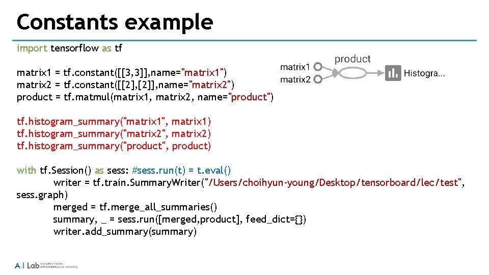 Constants example import tensorflow as tf matrix 1 = tf. constant([[3, 3]], name="matrix 1")