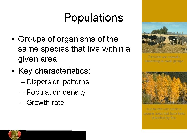Populations • Groups of organisms of the same species that live within a given