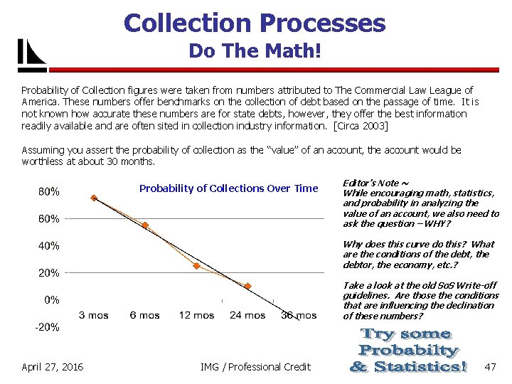 Collection Processes Do The Math! Probability of Collection figures were taken from numbers attributed