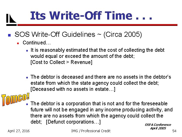 Its Write-Off Time. . . n SOS Write-Off Guidelines ~ (Circa 2005) n Continued…