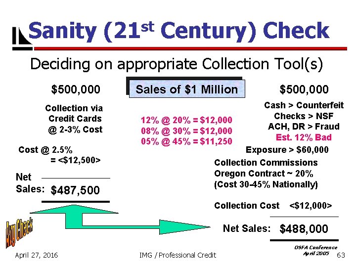 Sanity (21 st Century) Check Deciding on appropriate Collection Tool(s) $500, 000 Collection via