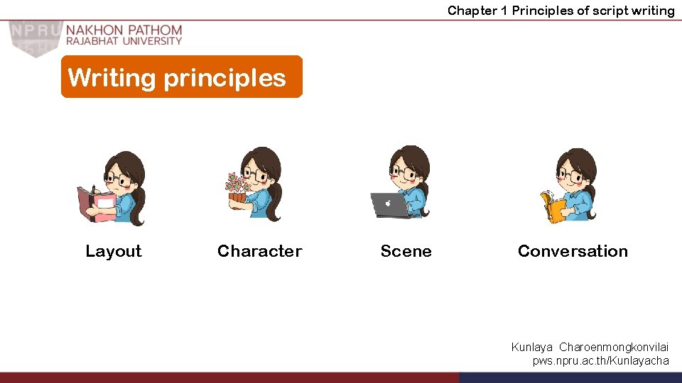 Chapter 1 Principles of script writing Writing principles Layout Character Scene Conversation Kunlaya Charoenmongkonvilai