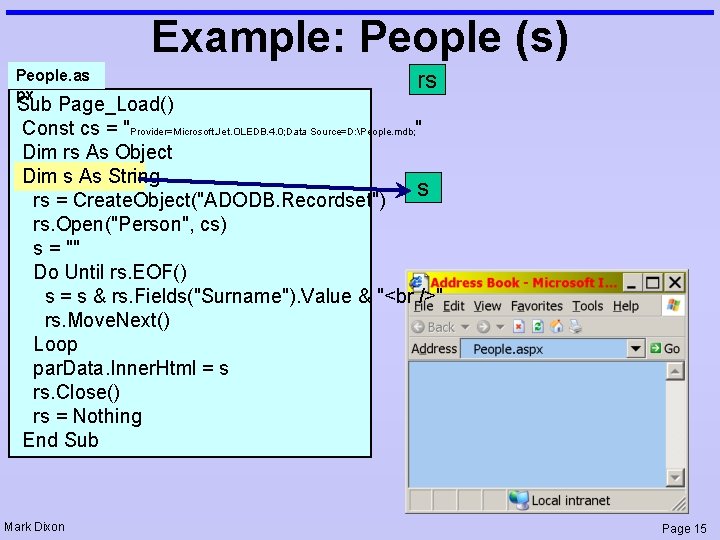 Example: People (s) People. as px rs Sub Page_Load() Const cs = "Provider=Microsoft. Jet.