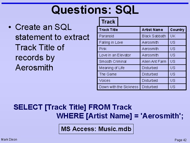 Questions: SQL • Create an SQL statement to extract Track Title of records by