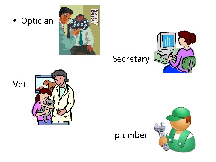  • Optician Secretary Vet plumber 