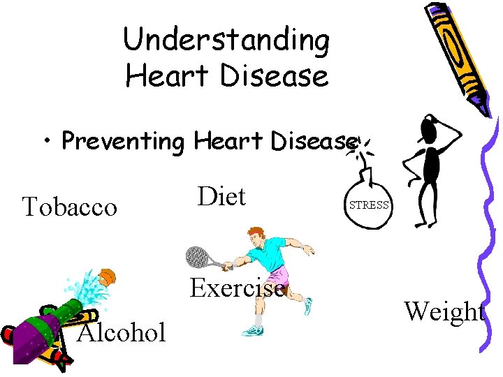 Understanding Heart Disease • Preventing Heart Disease Tobacco Diet Exercise Alcohol STRESS Weight 