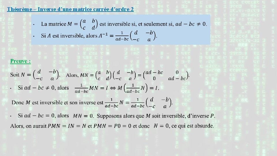 Théorème – Inverse d’une matrice carrée d’ordre 2 