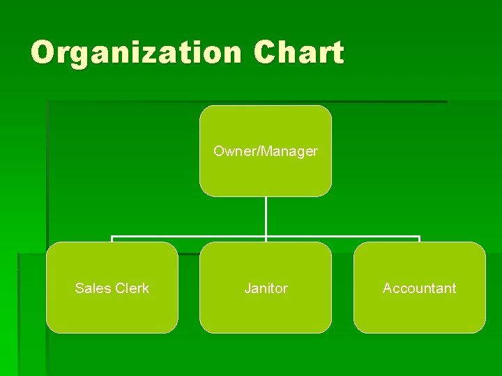 Organization Chart Owner/Manager Sales Clerk Janitor Accountant 