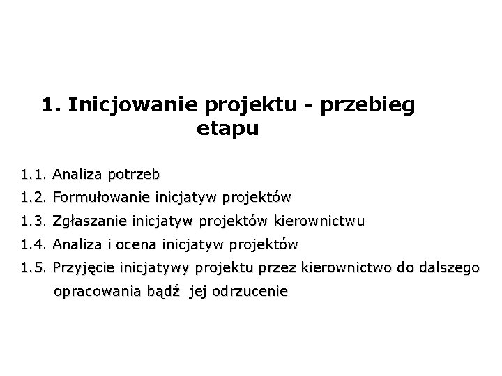 1. Inicjowanie projektu - przebieg etapu 1. 1. Analiza potrzeb 1. 2. Formułowanie inicjatyw