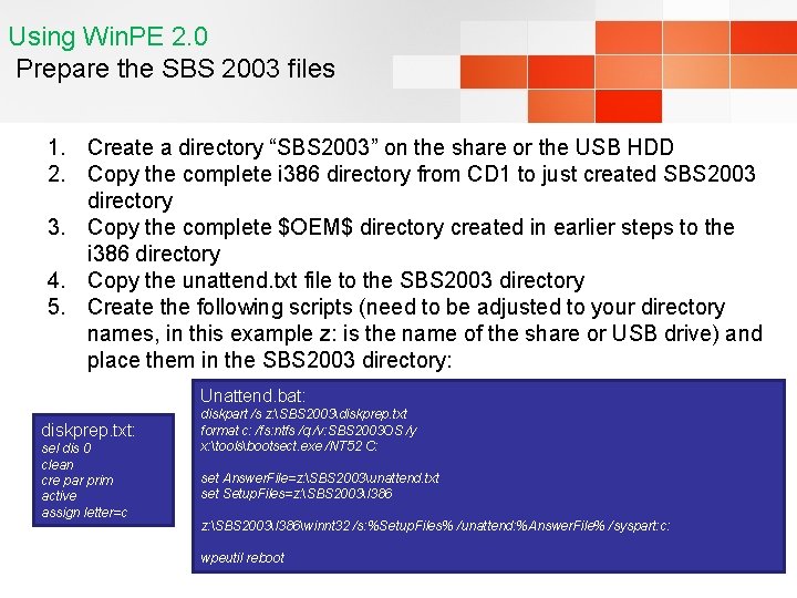 Using Win. PE 2. 0 Prepare the SBS 2003 files 1. Create a directory