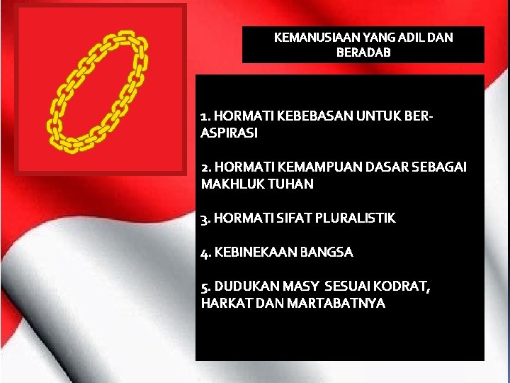 KEMANUSIAAN YANG ADIL DAN BERADAB 1. HORMATI KEBEBASAN UNTUK BERASPIRASI 2. HORMATI KEMAMPUAN DASAR