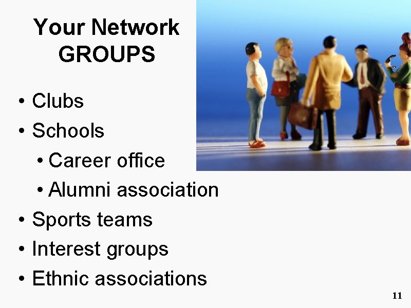 Your Network GROUPS • Clubs • Schools • Career office • Alumni association •