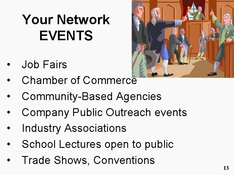 Your Network EVENTS • • Job Fairs Chamber of Commerce Community-Based Agencies Company Public