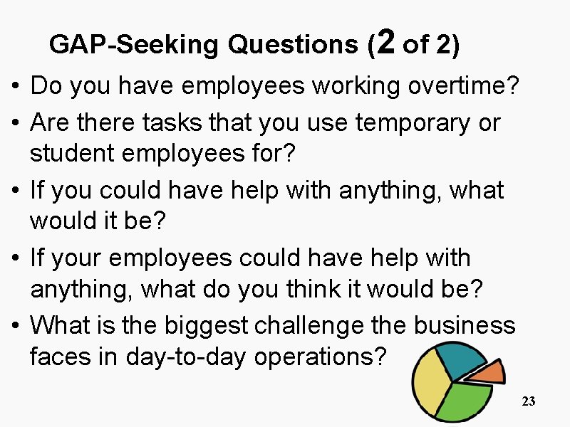 GAP-Seeking Questions (2 of 2) • Do you have employees working overtime? • Are