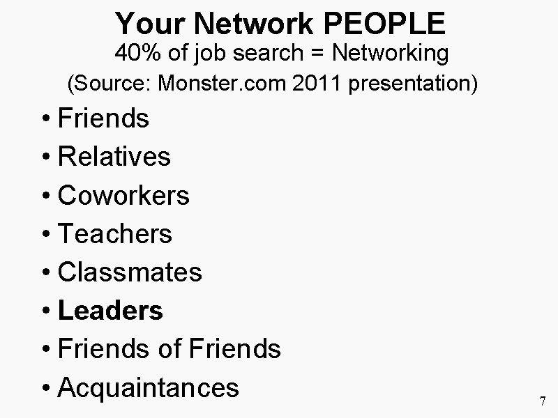 Your Network PEOPLE 40% of job search = Networking (Source: Monster. com 2011 presentation)