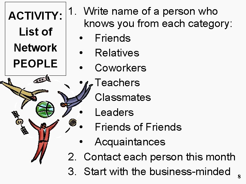 1. Write name of a person who ACTIVITY: knows you from each category: List