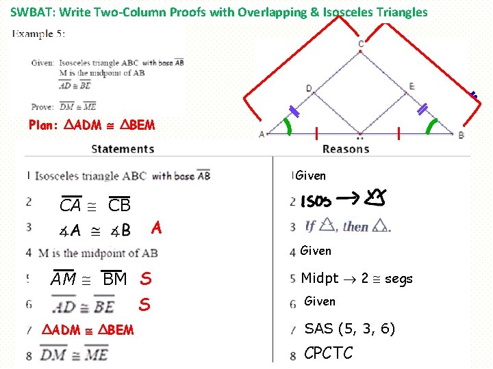 SWBAT: Write Two-Column Proofs with Overlapping & Isosceles Triangles Plan: ∆ADM ∆BEM Given CA