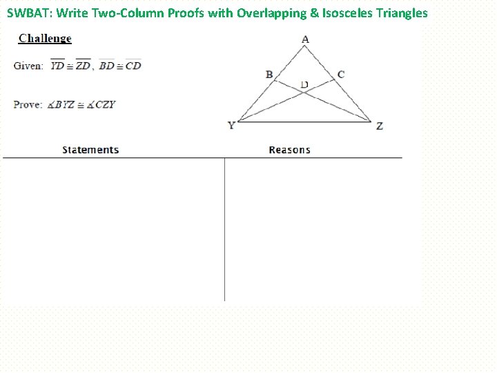 SWBAT: Write Two-Column Proofs with Overlapping & Isosceles Triangles 