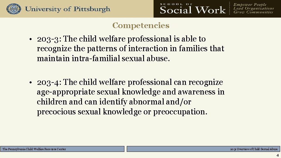 Competencies • 203 -3: The child welfare professional is able to recognize the patterns