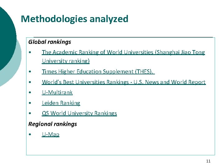Methodologies analyzed Global rankings • The Academic Ranking of World Universities (Shanghai Jiao Tong