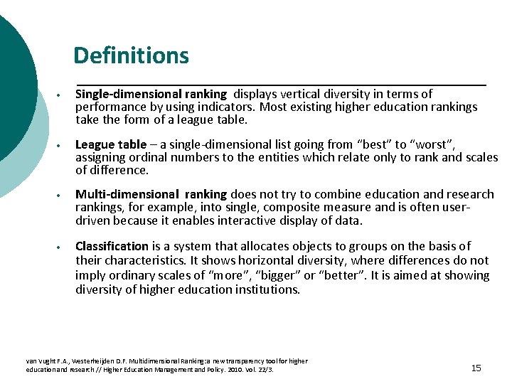 Definitions • Single-dimensional ranking displays vertical diversity in terms of performance by using indicators.