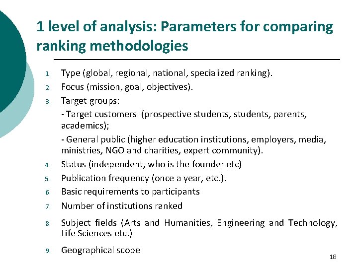 1 level of analysis: Parameters for comparing ranking methodologies 1. 2. 3. 4. 5.