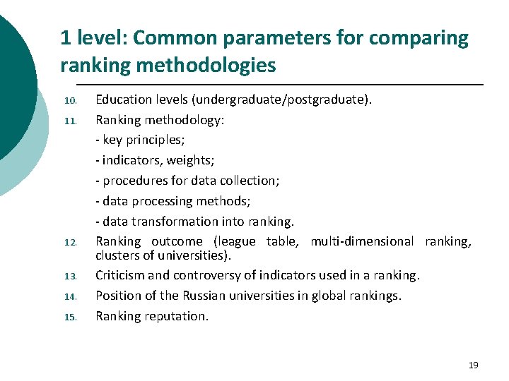 1 level: Common parameters for comparing ranking methodologies 10. 11. 12. 13. 14. 15.