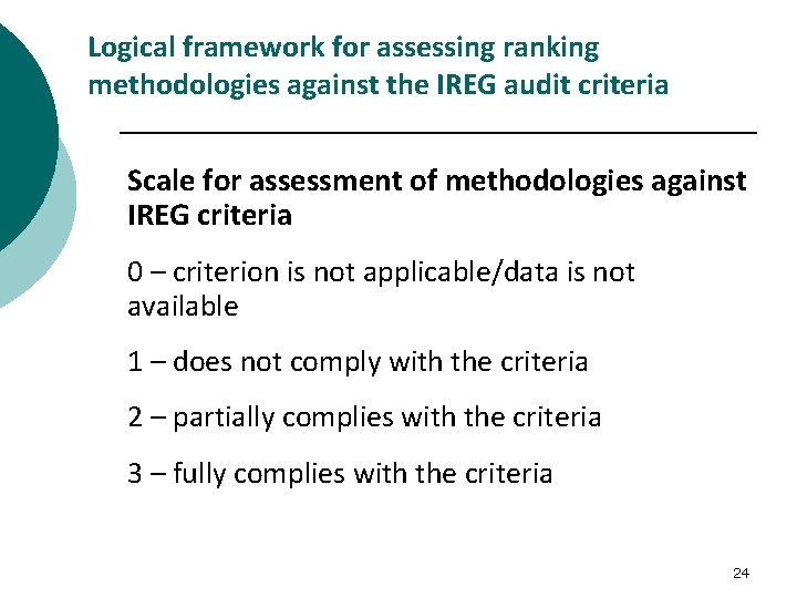 Logical framework for assessing ranking methodologies against the IREG audit criteria Scale for assessment