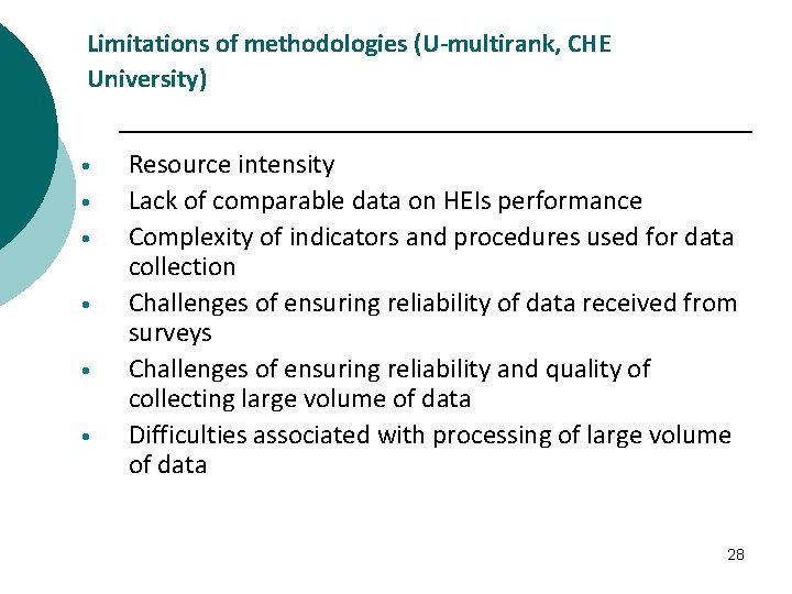 Limitations of methodologies (U-multirank, CHE University) • • • Resource intensity Lack of comparable